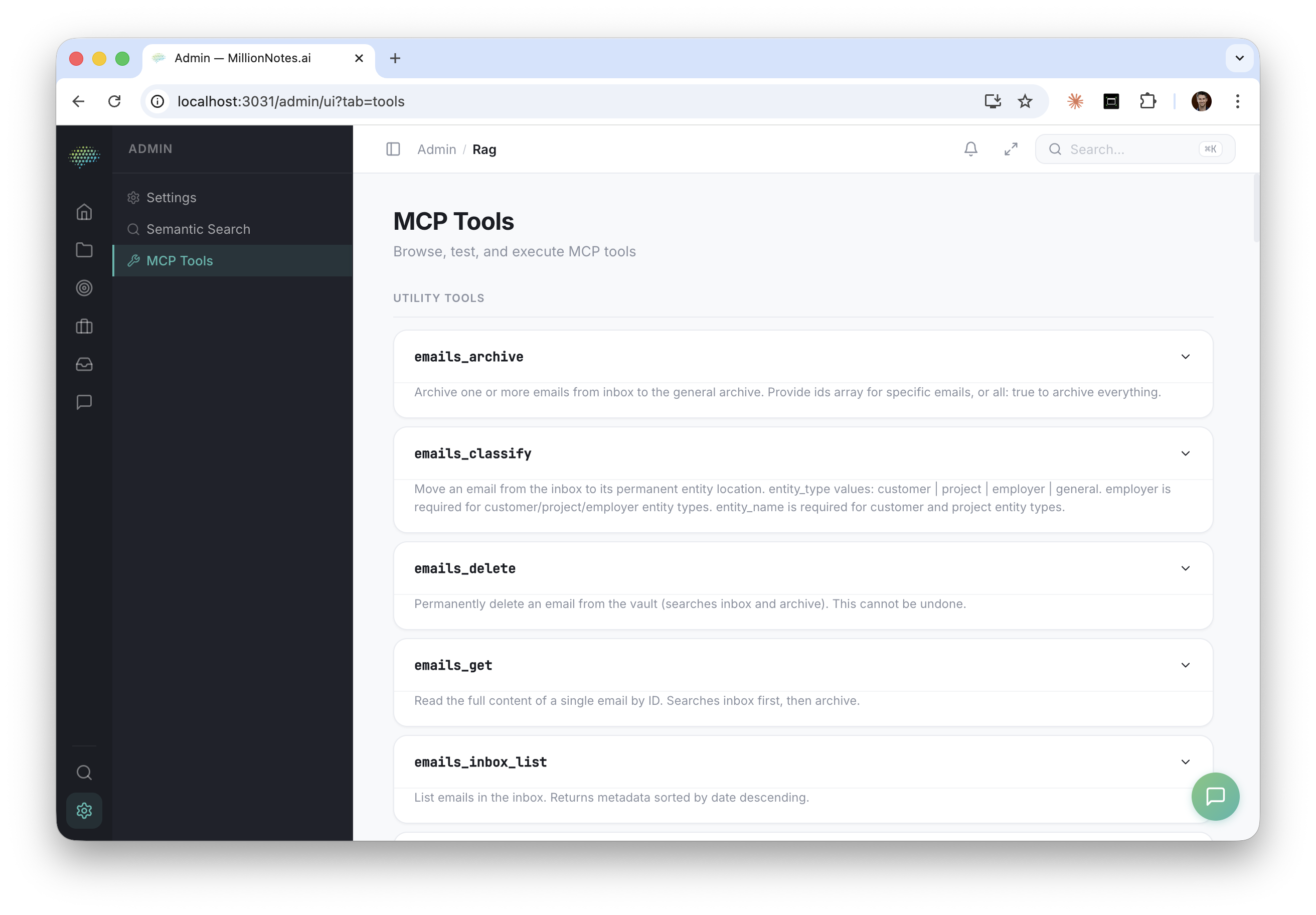 Admin-Bereich — MCP Tools durchsuchen, testen und ausführen