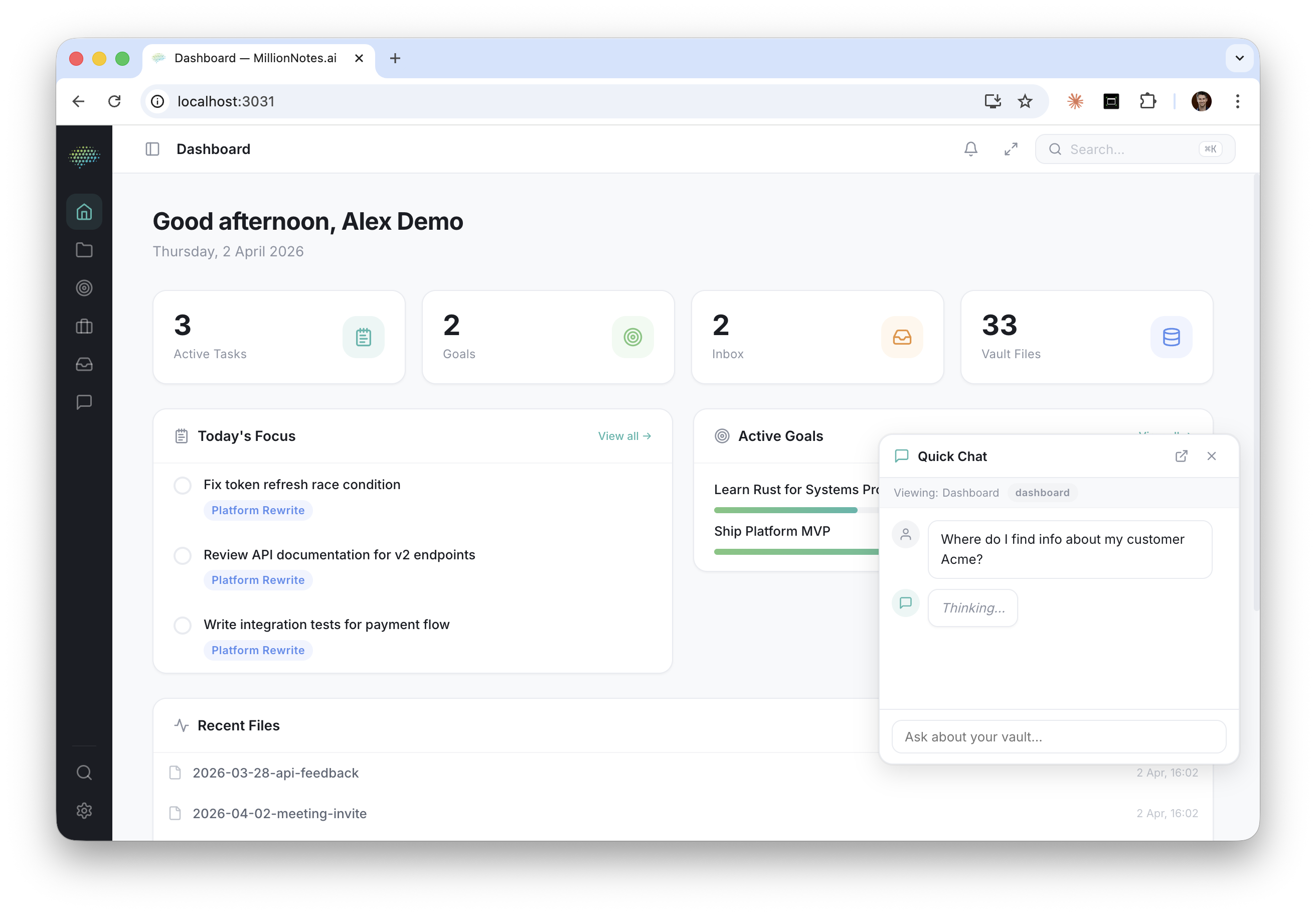 Dashboard mit Quick Chat — KI-Assistent mit Vault-Zugriff