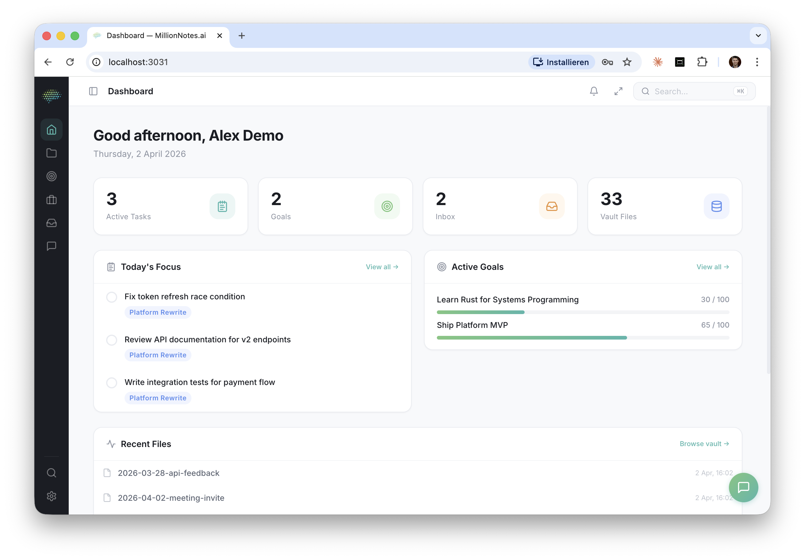 MillionNotes.ai Dashboard — Aufgaben, Ziele, Inbox und Vault auf einen Blick