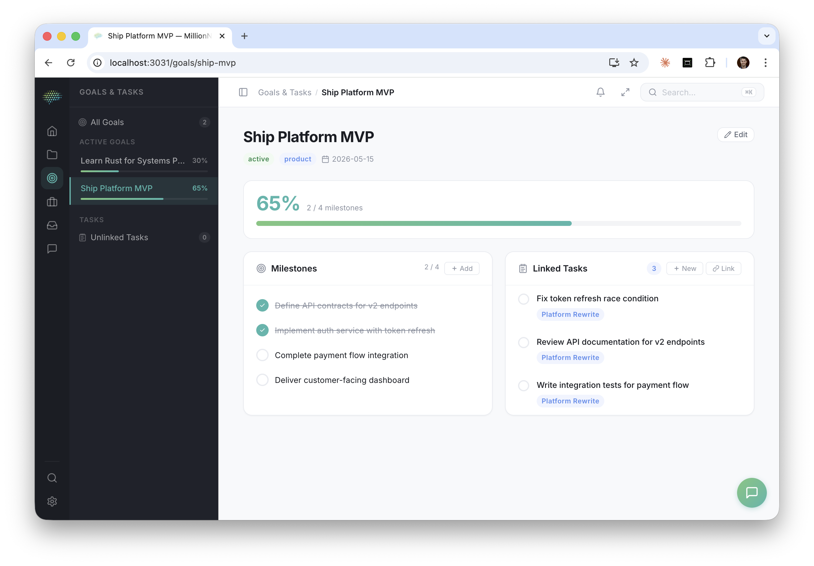 Ziel-Detailansicht mit Meilensteinen und verknüpften Aufgaben