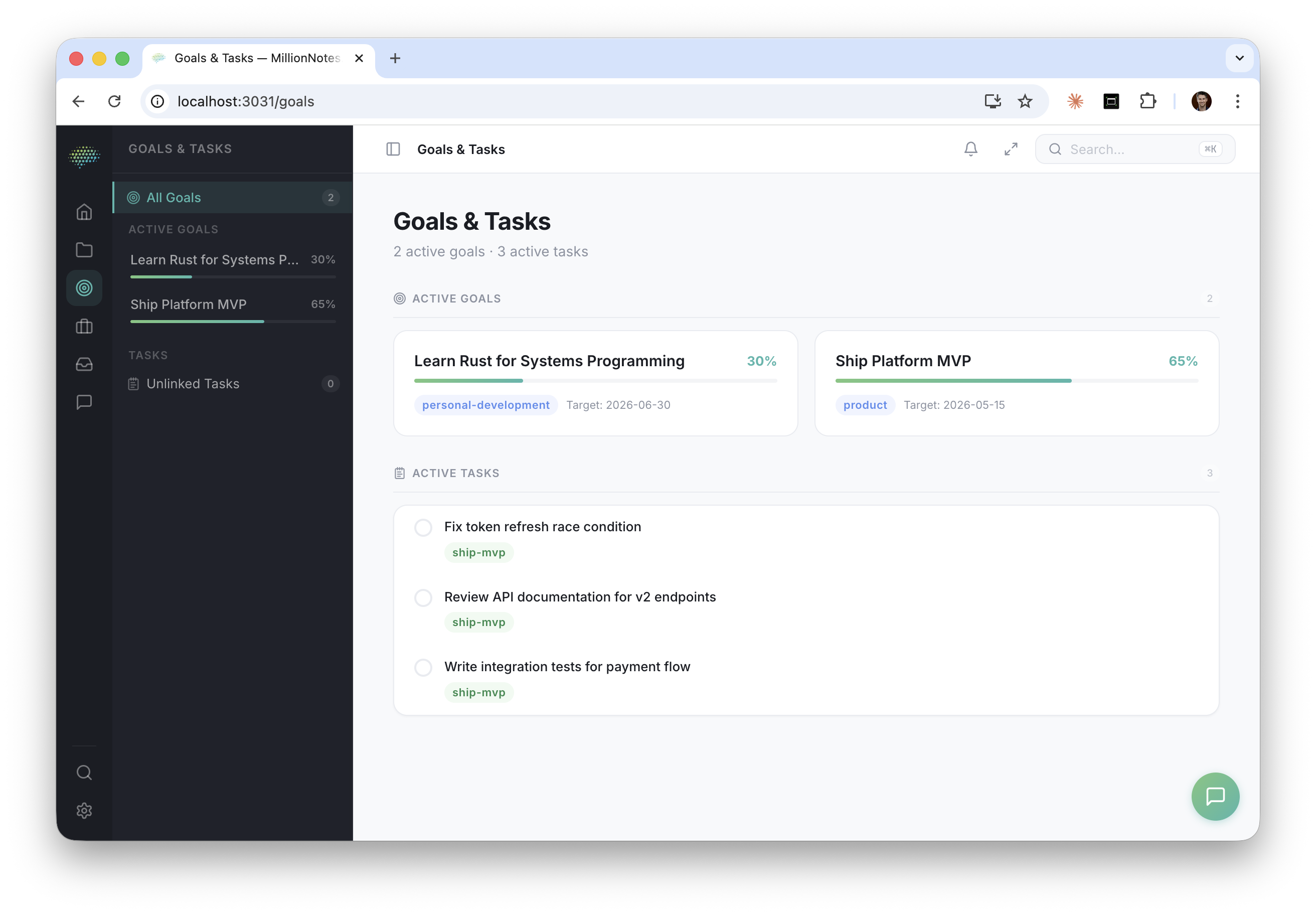 Goals & Tasks — Ziele mit Fortschritt und verknüpfte Aufgaben