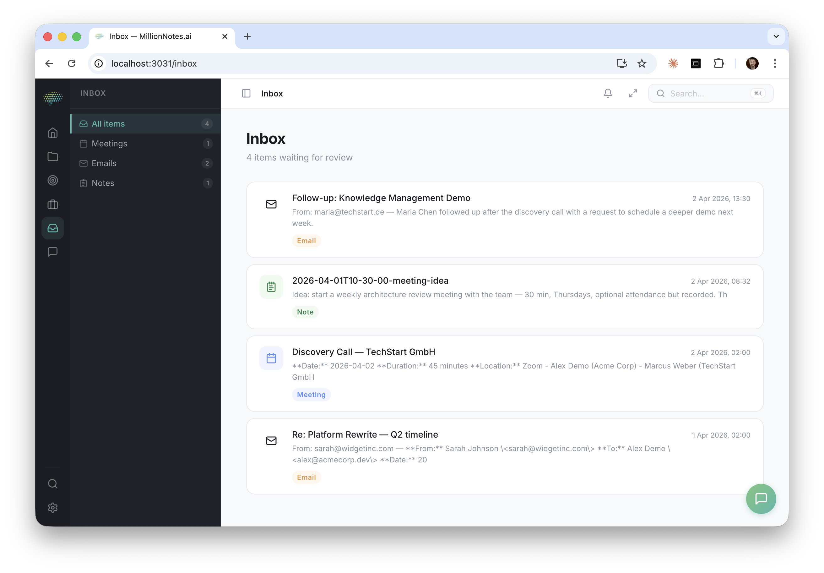 Inbox — E-Mails, Meetings und Notizen an einem Ort