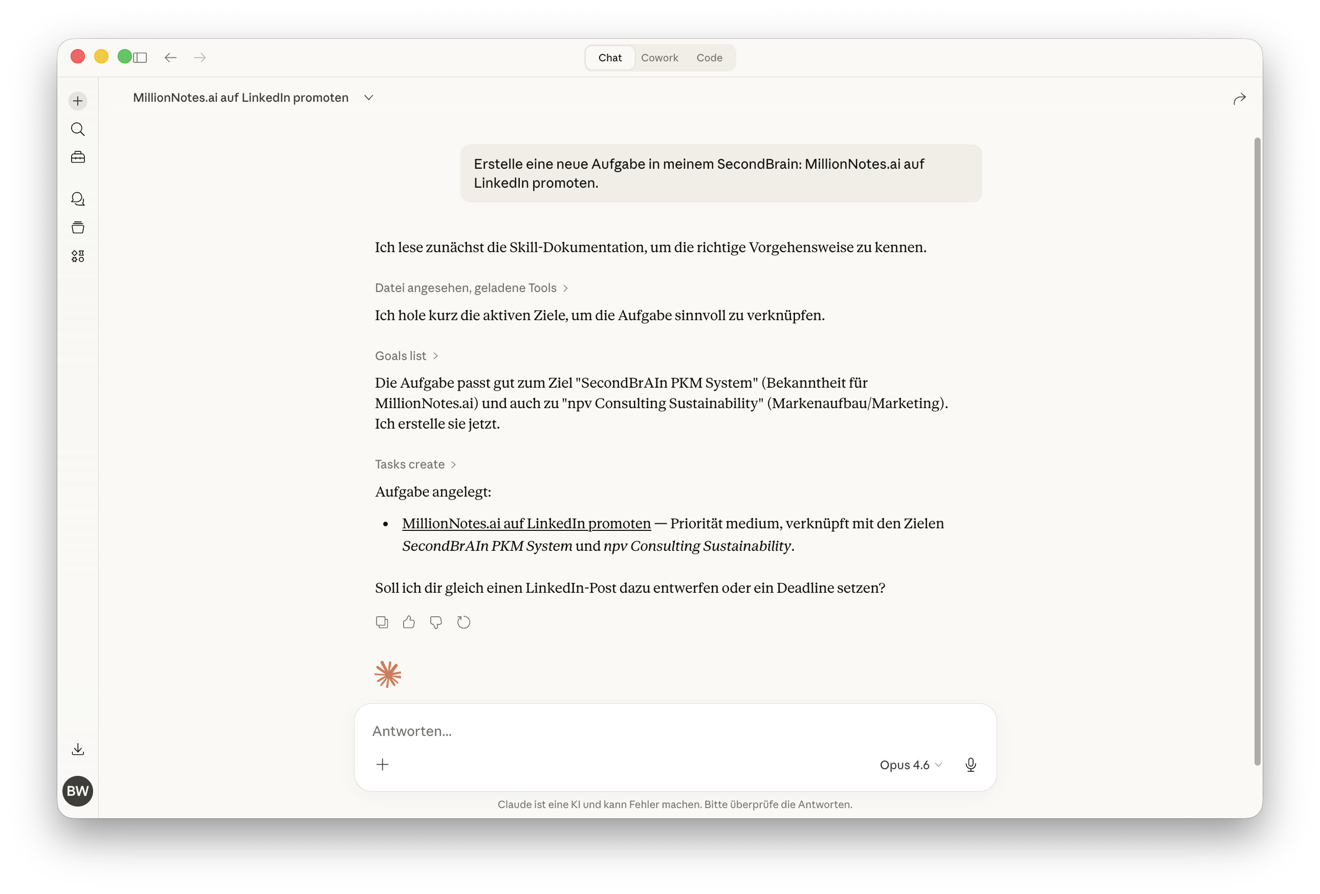 Claude erstellt eine Aufgabe in MillionNotes — automatisch mit Zielen verknüpft
