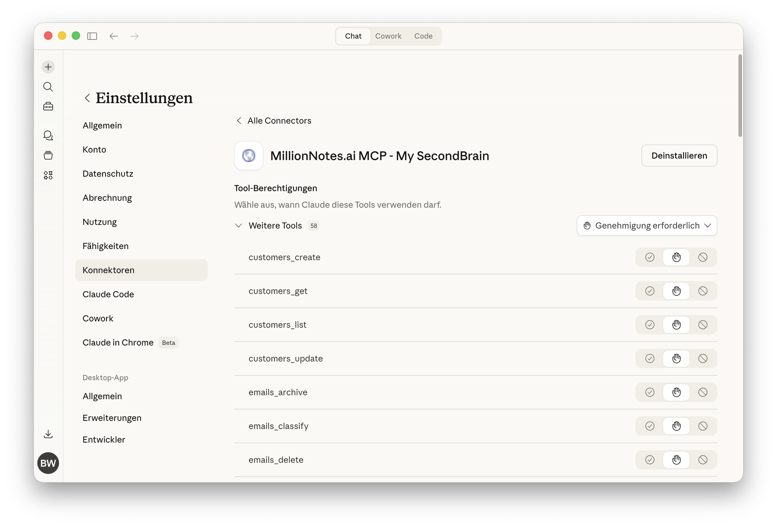 Claude Einstellungen — MillionNotes.ai als MCP-Konnektor mit 58 Tools
