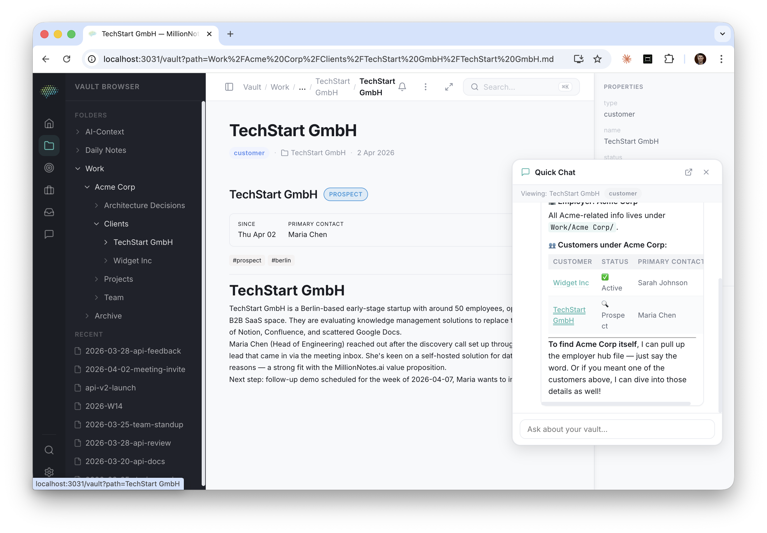 Vault mit Kundendatei und KI-Chat — kontextbewusste Antwort zu Kundendaten