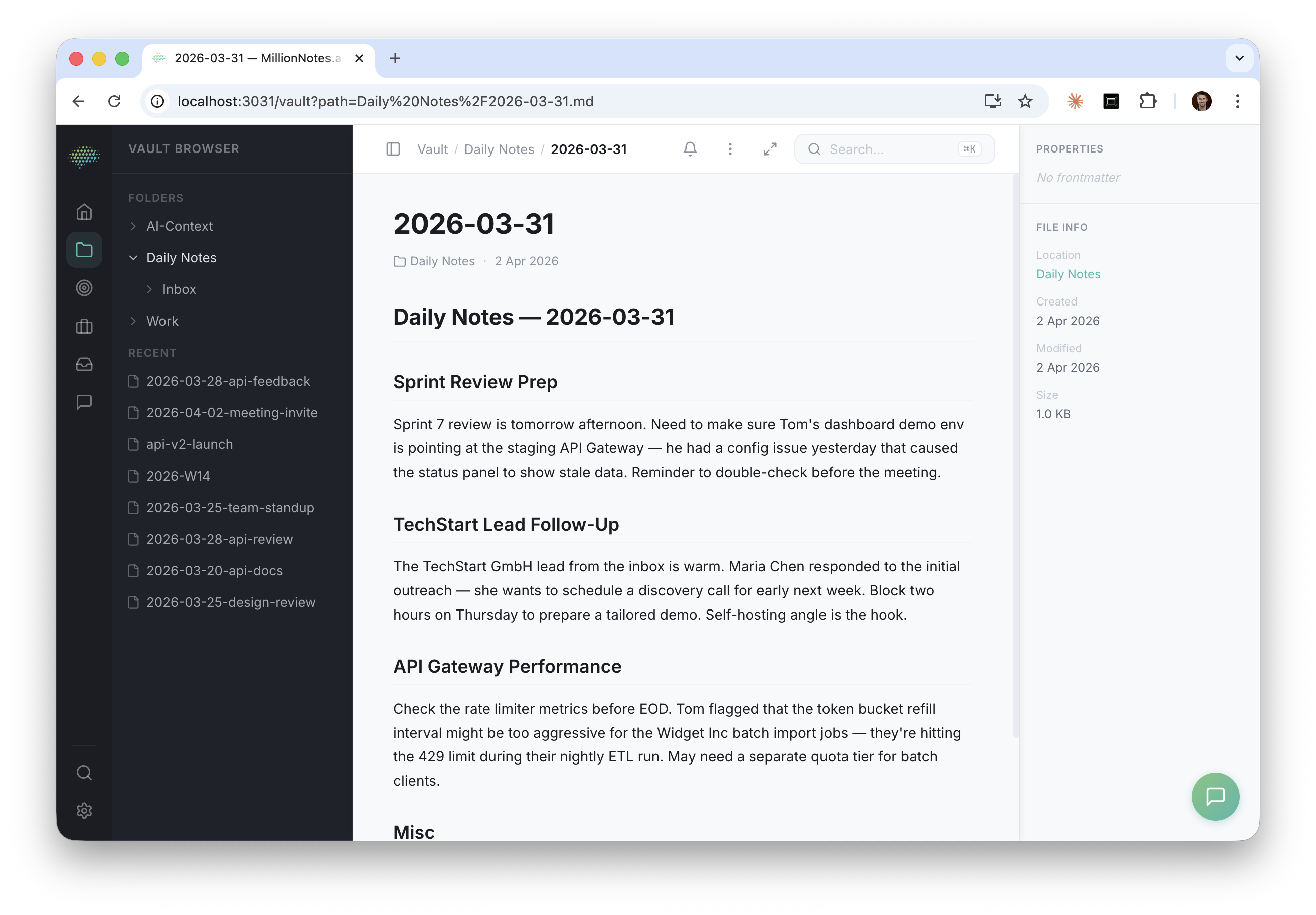 Vault Browser — Tägliche Notizen als strukturierte Markdown-Dateien mit Ordnerstruktur und Eigenschaften